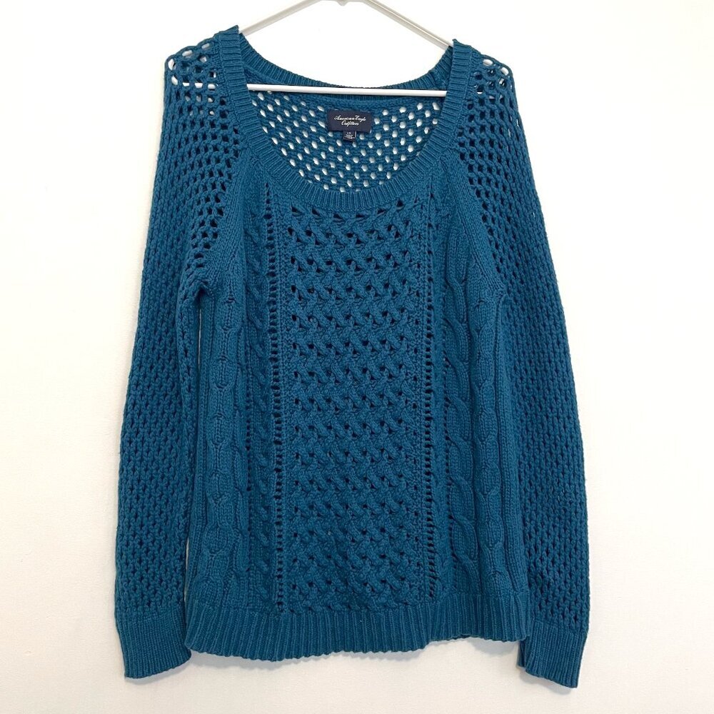 AMERICAN EAGLE AEO AE Teal Blue Open Weave Cable Knit Scoop Neck WOOL Sweater L